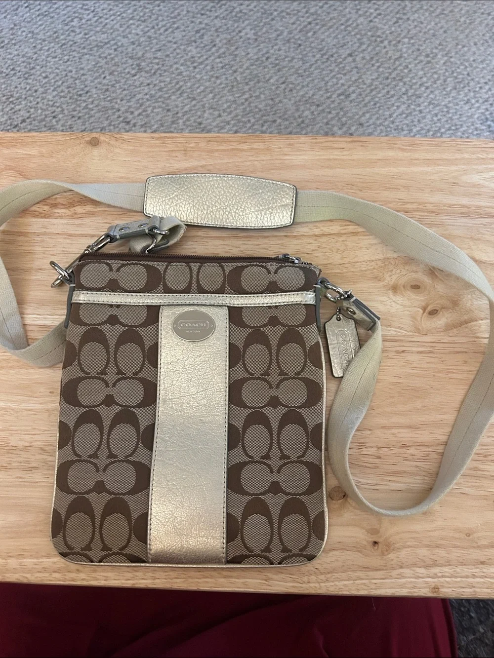 Coach Brown Signature Crossbody with Metallic Gold Stripe